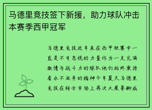 马德里竞技签下新援，助力球队冲击本赛季西甲冠军